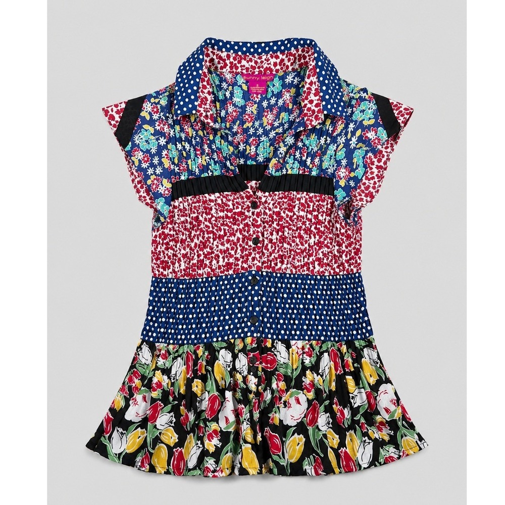 Sunny Leigh Mixed Print Pleated Button Up Blouse Sleeveless Floral Polka Dot S